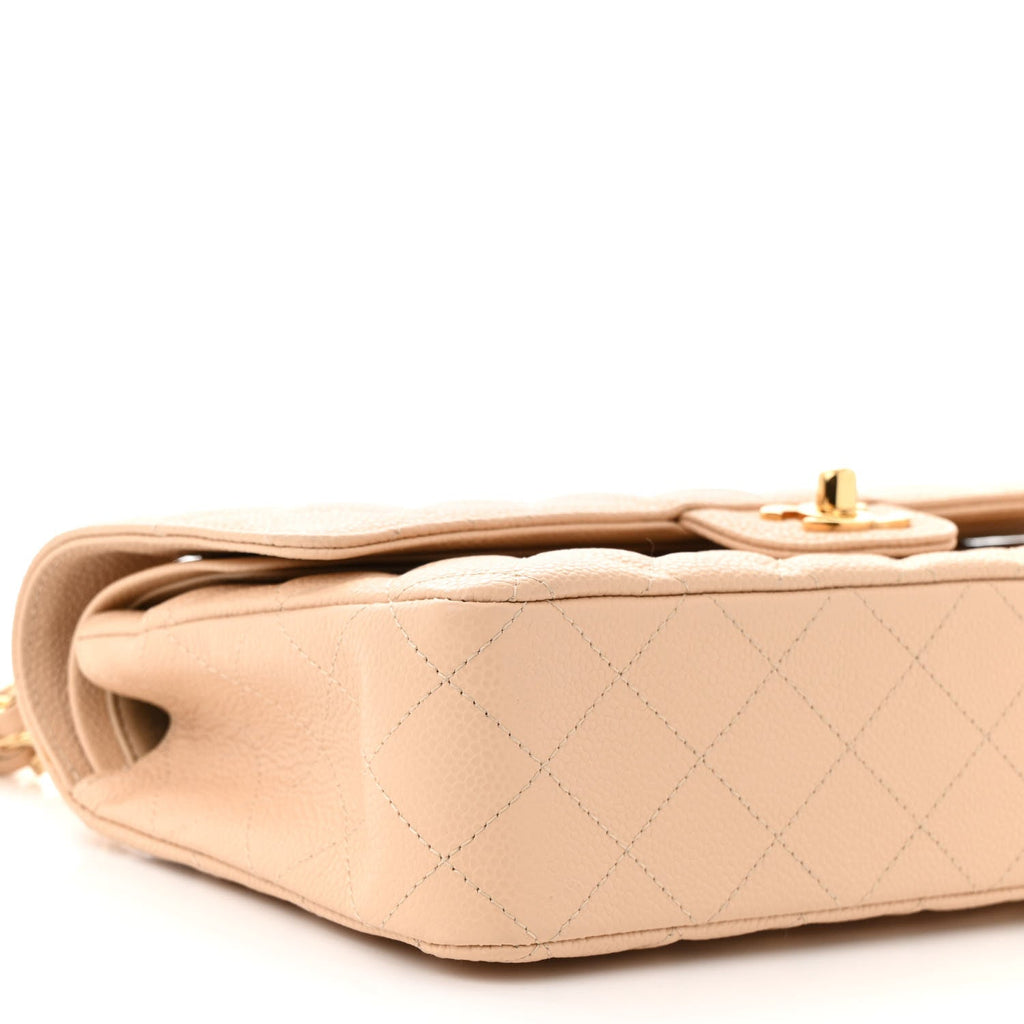 Caviar Quilted Medium Double Flap Beige