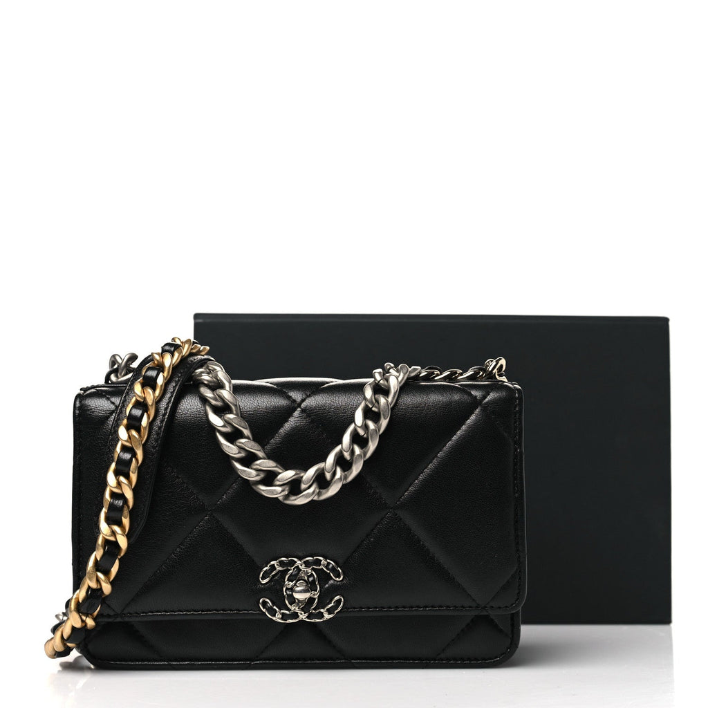 Lambskin Quilted Chanel 19 Wallet On Chain WOC Black