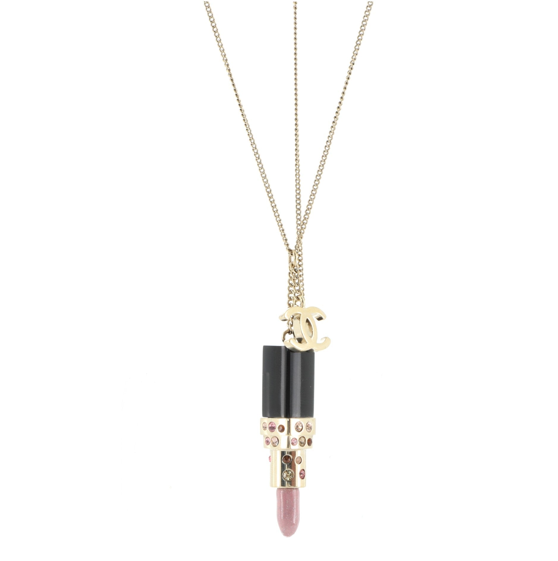 CC Lipstick Charm Necklace Crystal Embellished Metal and Resin