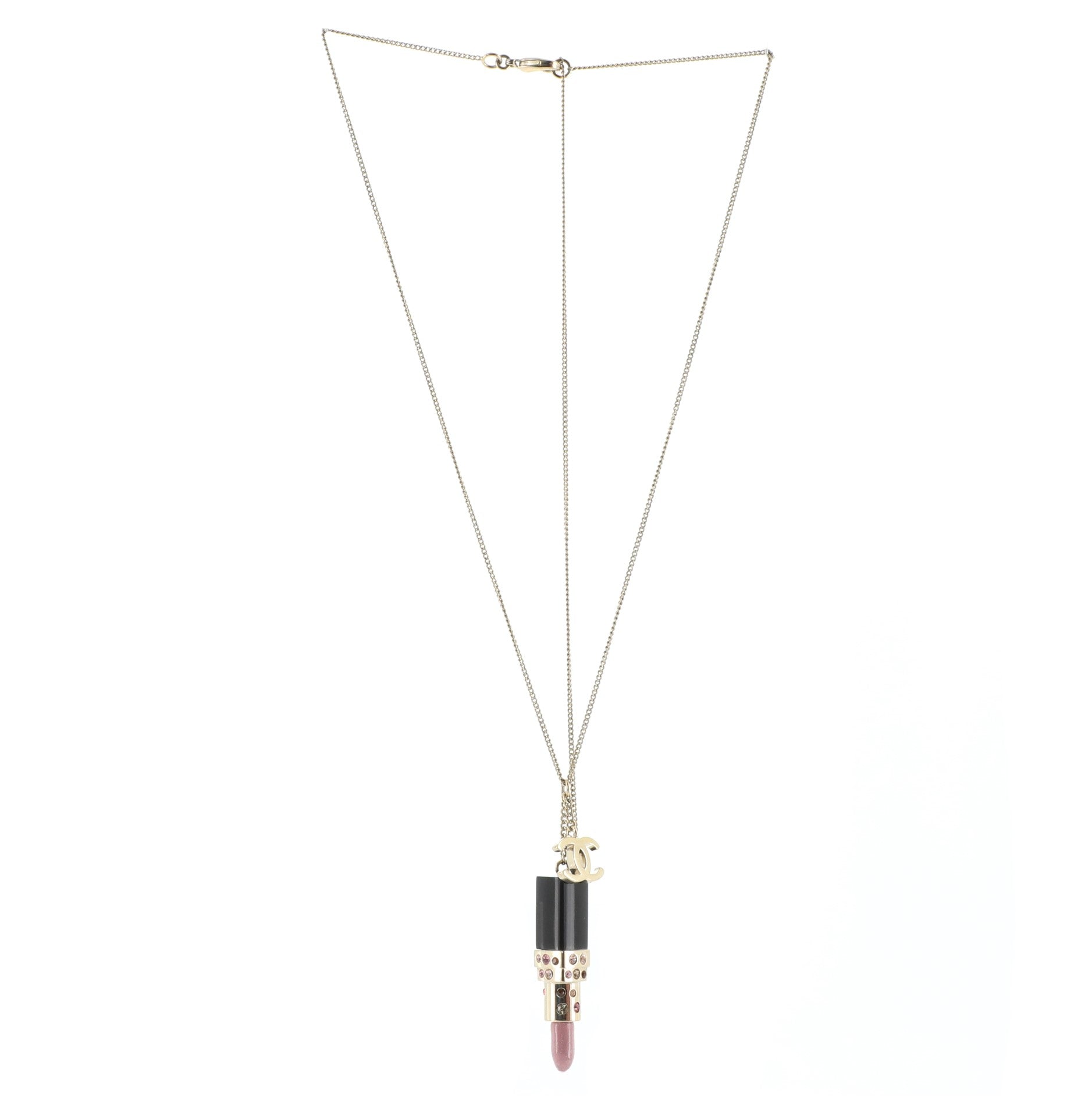 CC Lipstick Charm Necklace Crystal Embellished Metal and Resin
