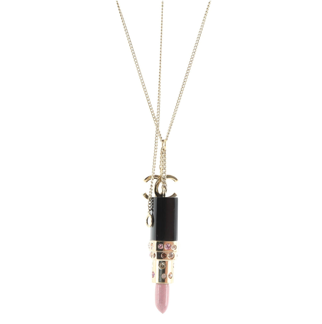 CC Lipstick Charm Necklace Crystal Embellished Metal and Resin