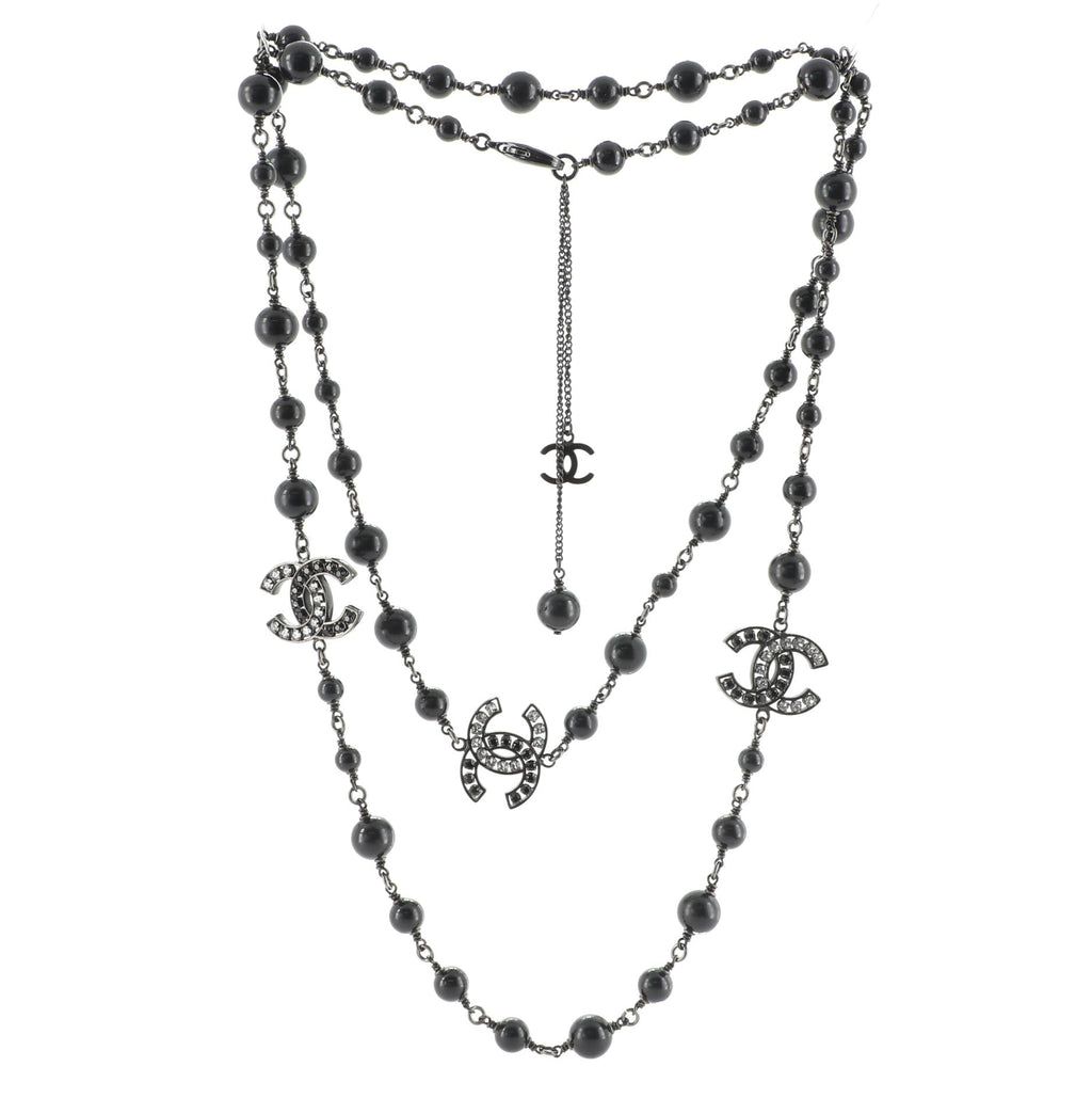 CC Long Necklace Crystal Embellished Metal and Beads