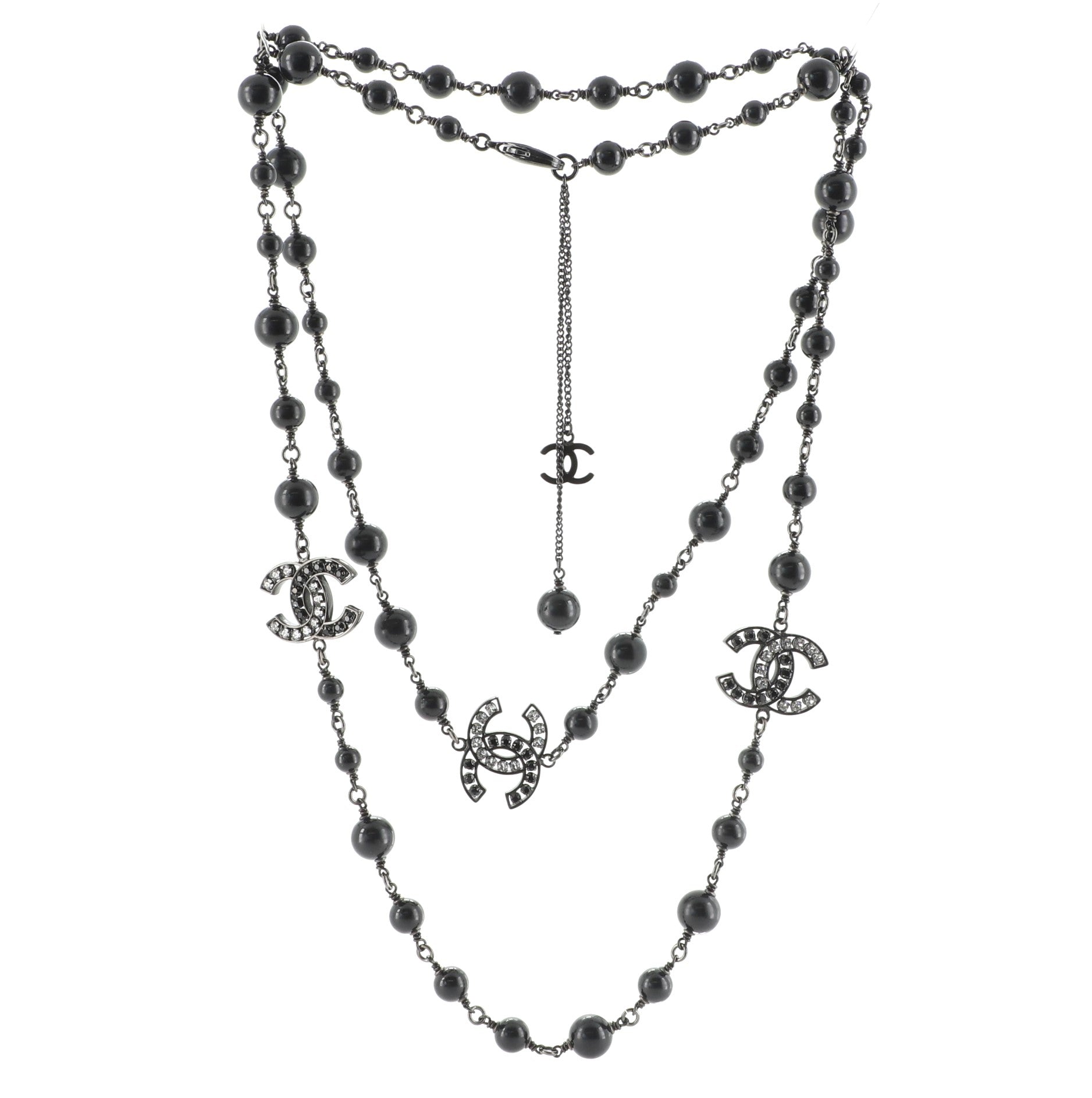 CC Long Necklace Crystal Embellished Metal and Beads