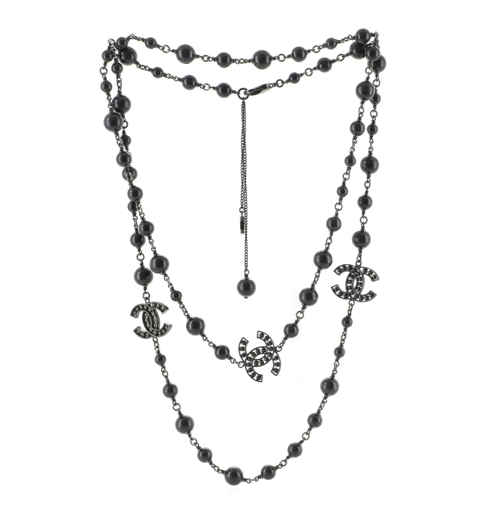CC Long Necklace Crystal Embellished Metal and Beads
