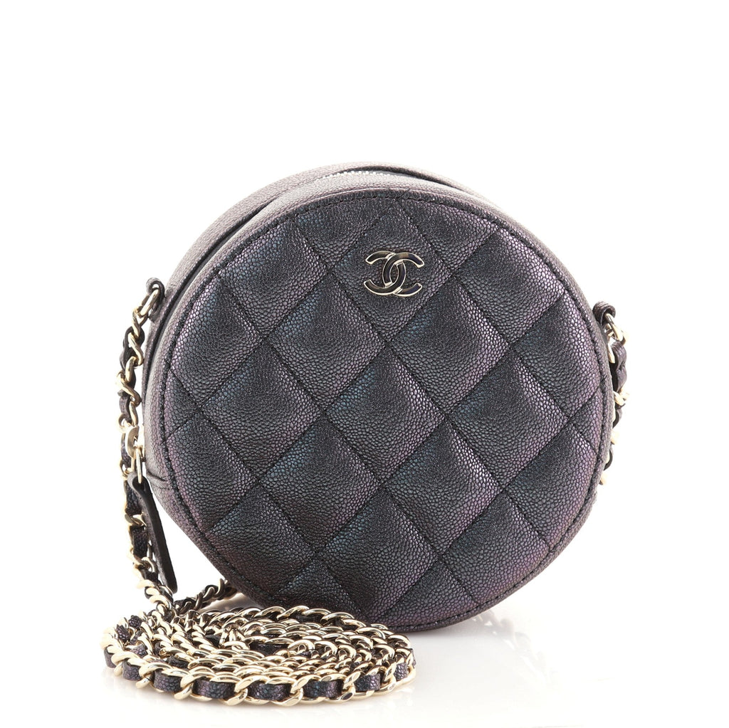 Round Clutch with Chain Quilted Iridescent Caviar Mini