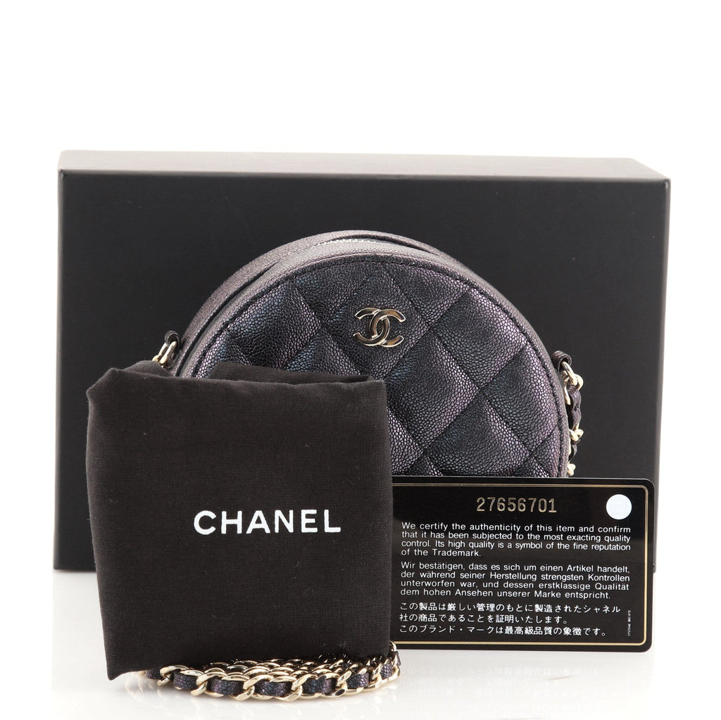 Round Clutch with Chain Quilted Iridescent Caviar Mini