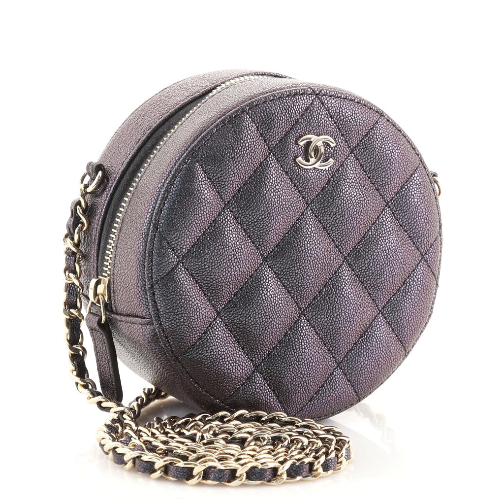 Round Clutch with Chain Quilted Iridescent Caviar Mini