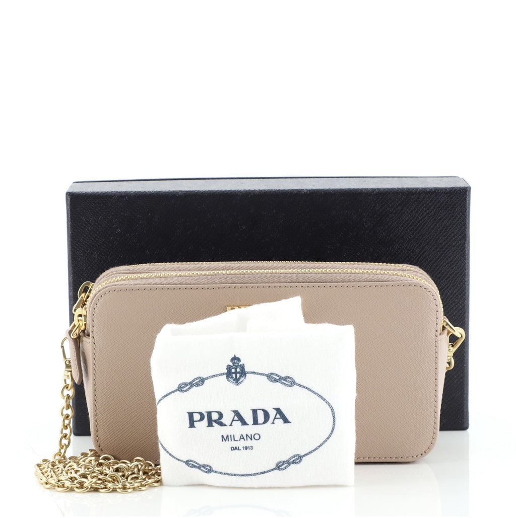 Double Zip Wallet on Chain Crossbody Saffiano Leather Mini