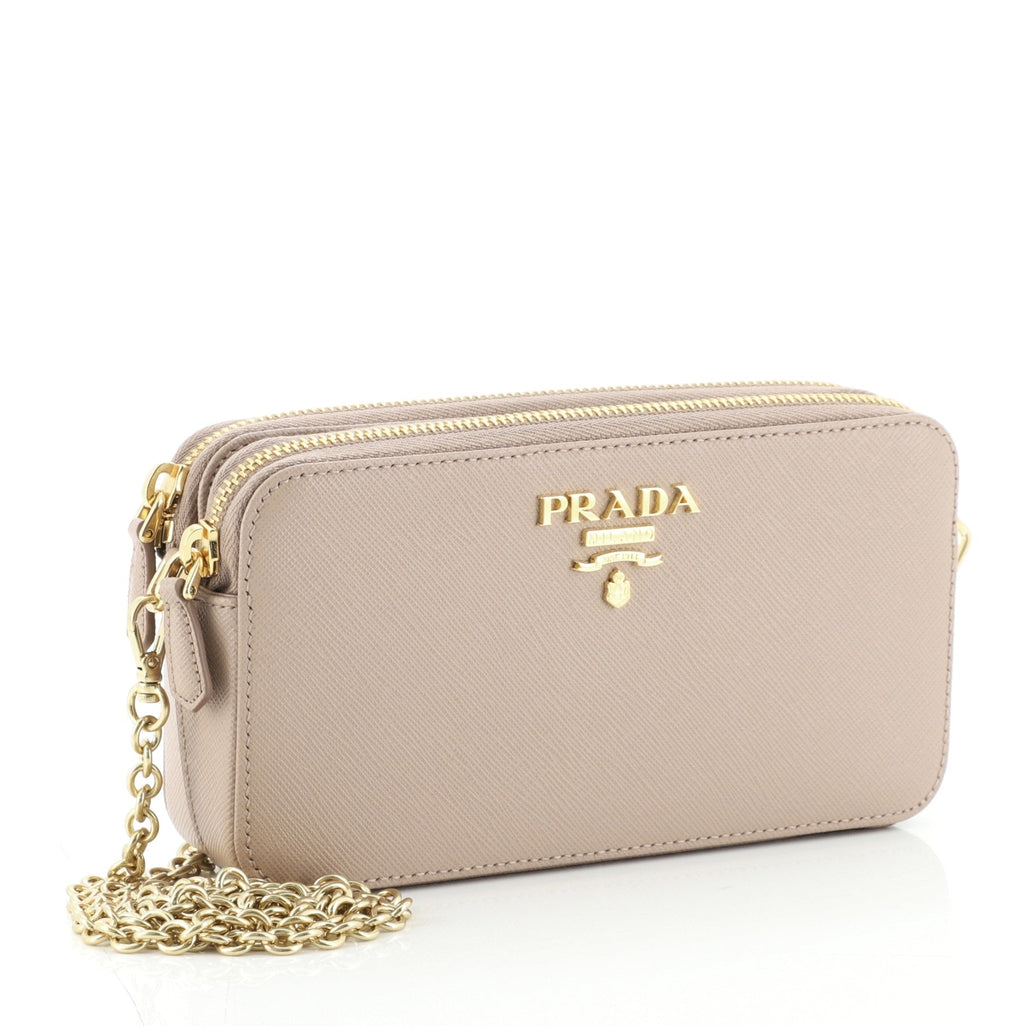 Double Zip Wallet on Chain Crossbody Saffiano Leather Mini