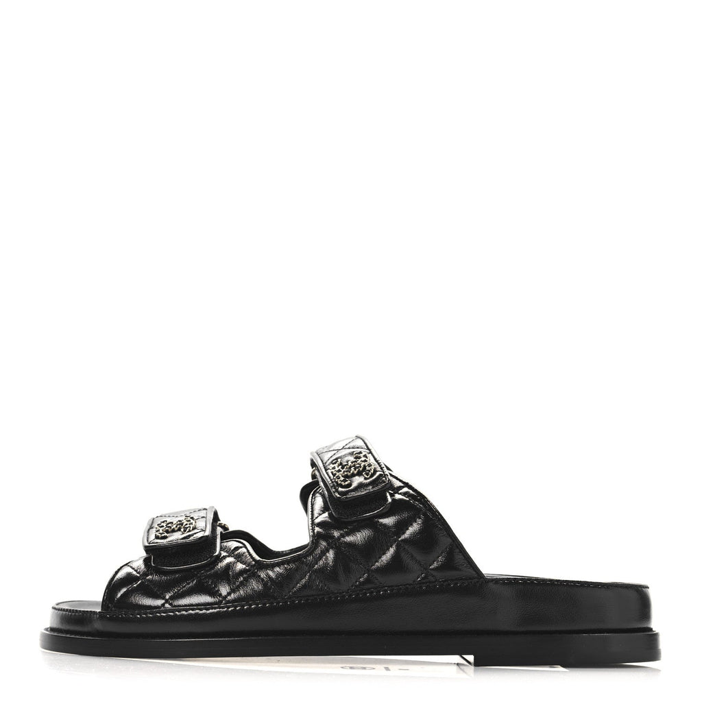 Lambskin Quilted Velcro Dad Chain CC Slide Sandals 39 Black