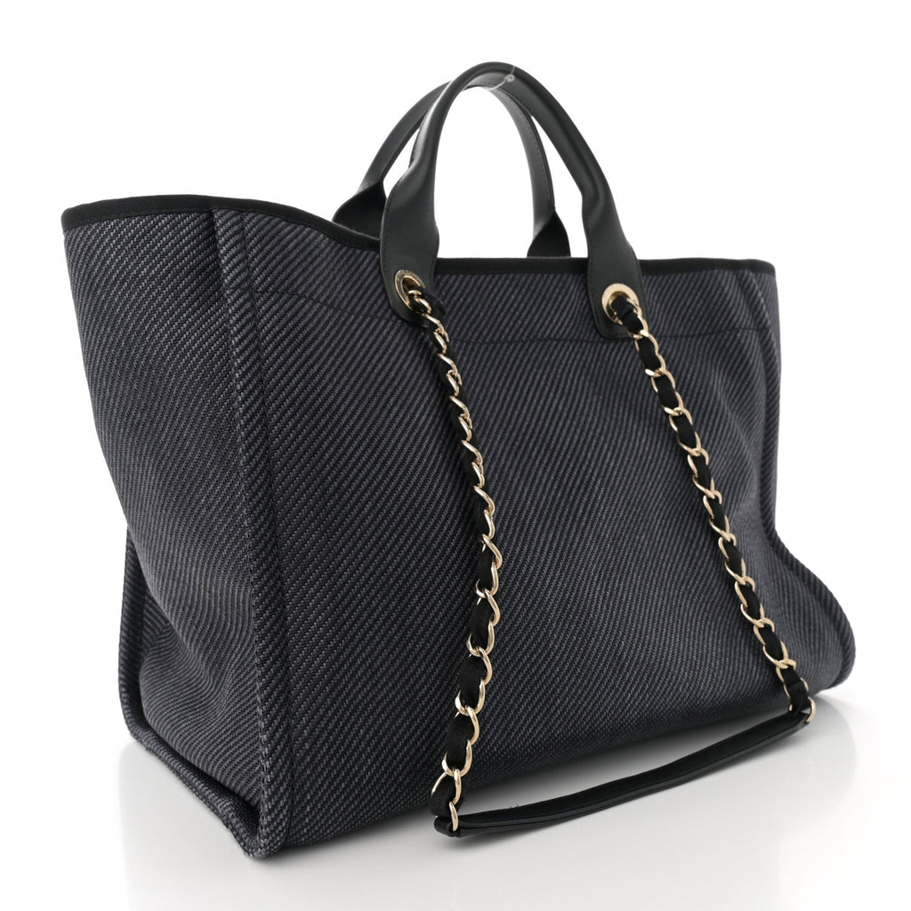 Mixed Fibers Calfskin Striped Medium Deauville Tote Black Black