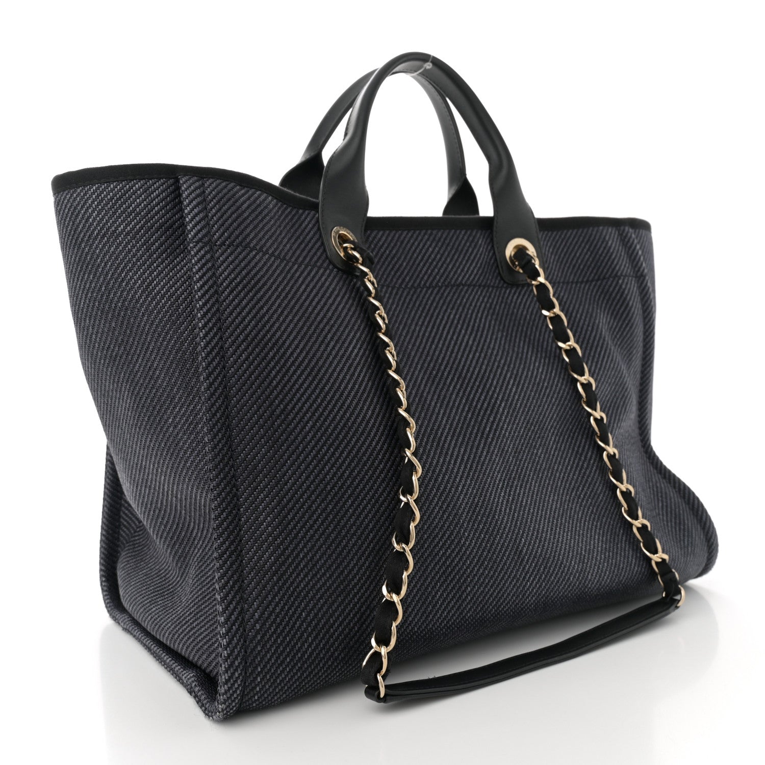 Mixed Fibers Calfskin Striped Medium Deauville Tote Black Black