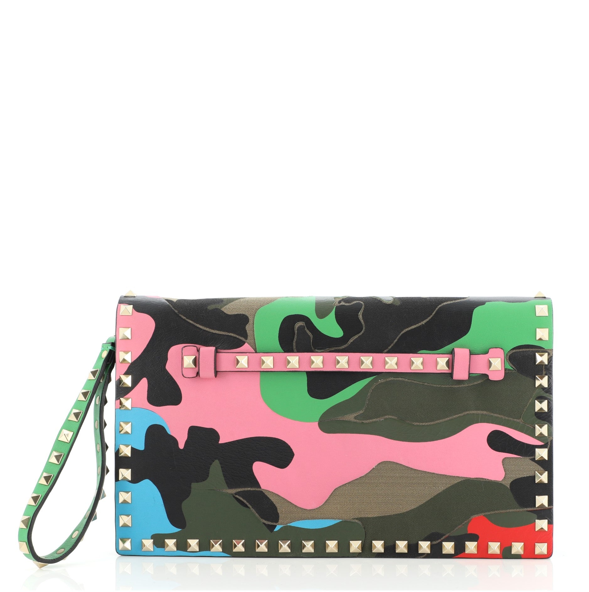 Rockstud Flap Clutch Camo Leather and Canvas