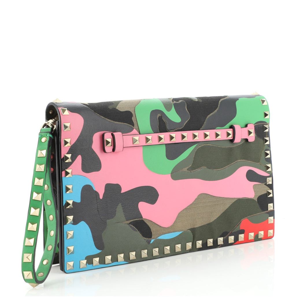 Rockstud Flap Clutch Camo Leather and Canvas