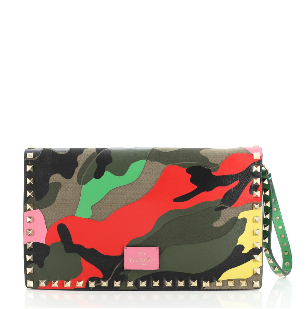 Rockstud Flap Clutch Camo Leather and Canvas