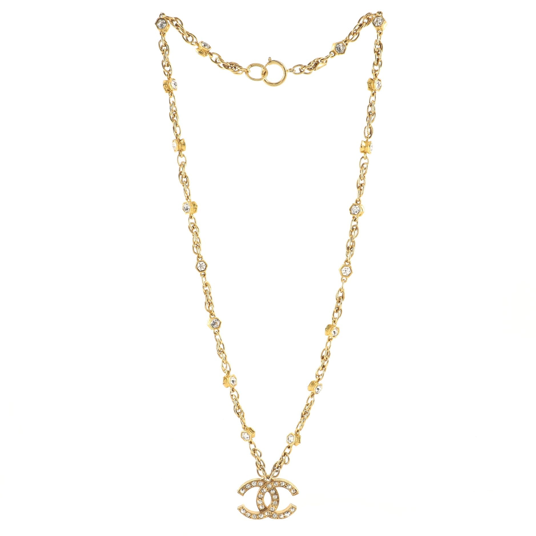 Vintage CC Pendant Necklace Metal with Crystals