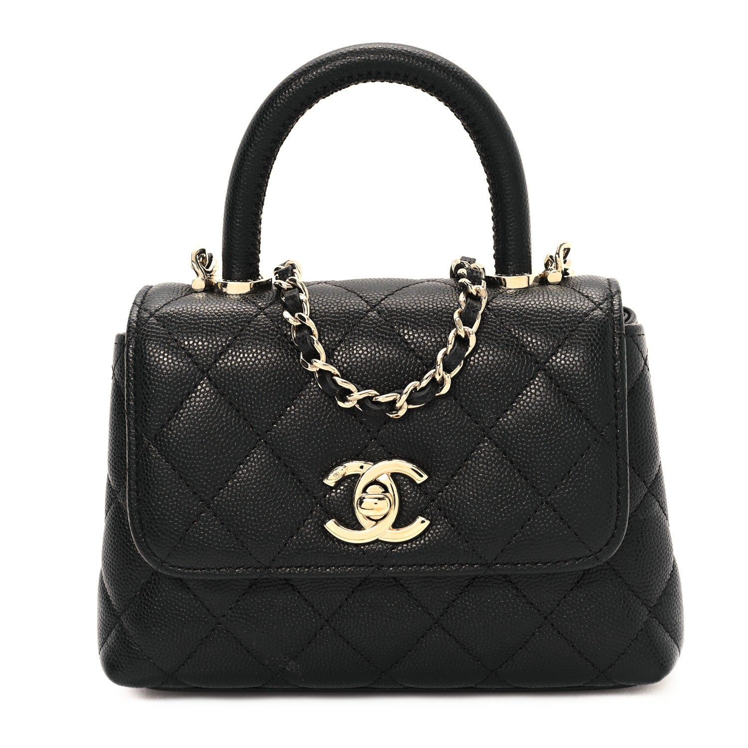 Caviar Quilted Coco Handle Clutch With Chain Black
