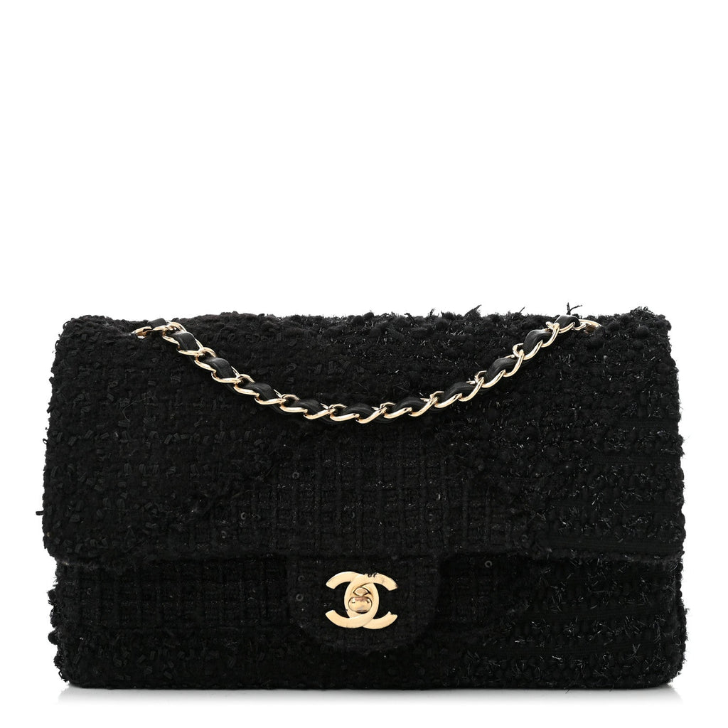 Tweed Sequin Patchwork Medium Double Flap Black