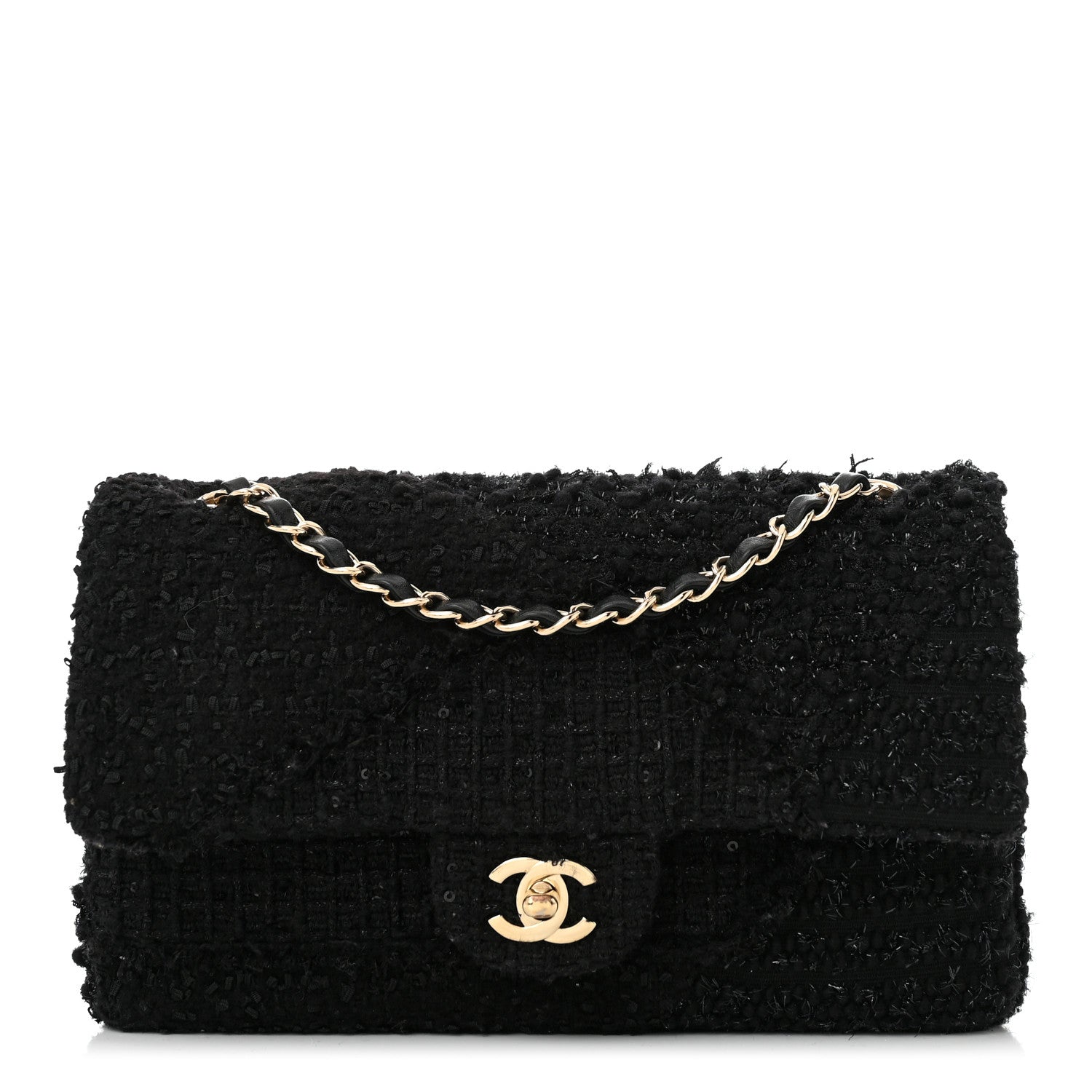 Tweed Sequin Patchwork Medium Double Flap Black