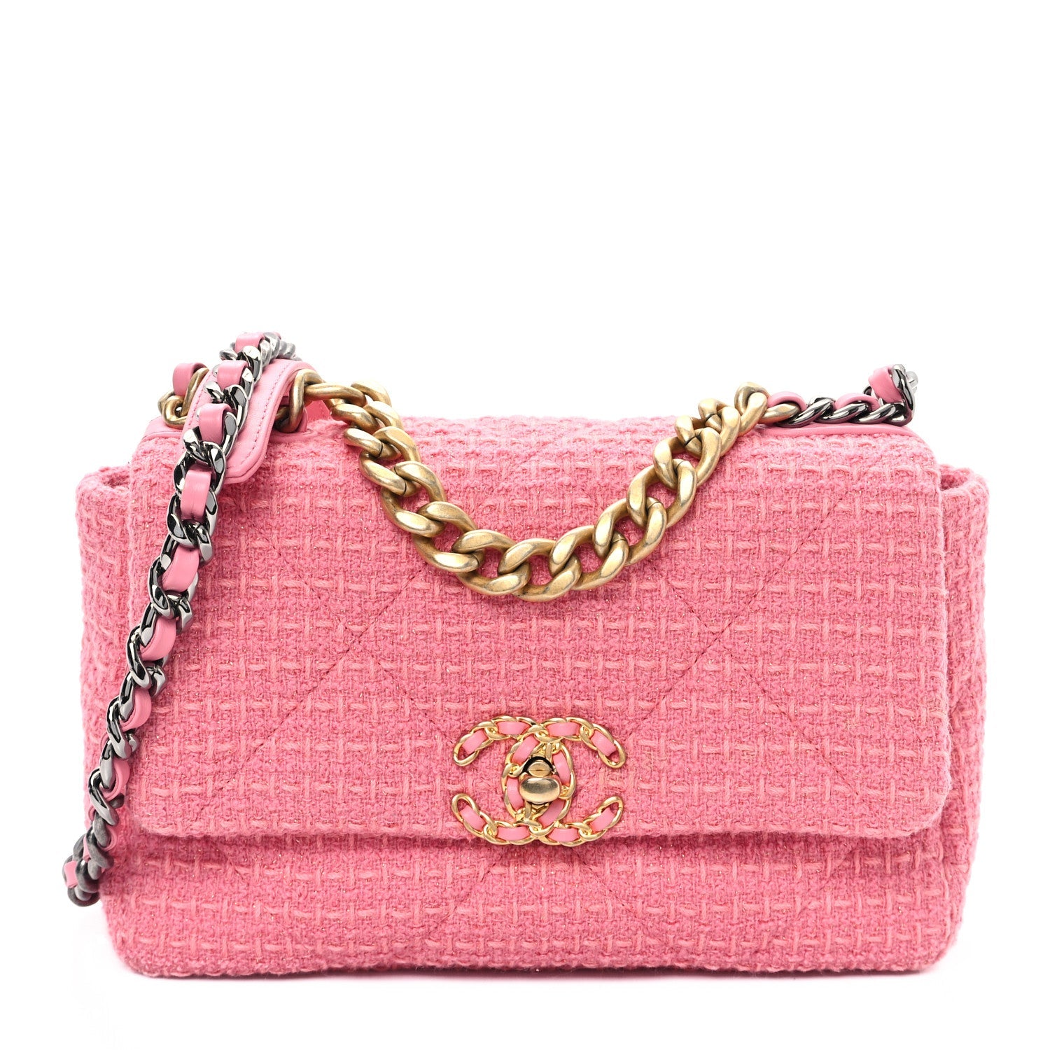Metallic Tweed Quilted Medium Chanel 19 Flap Pink