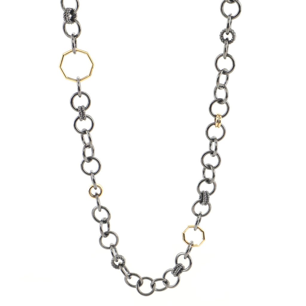 Stax Round Link Necklace Blackened Sterling Silver with 18K Yellow Gold