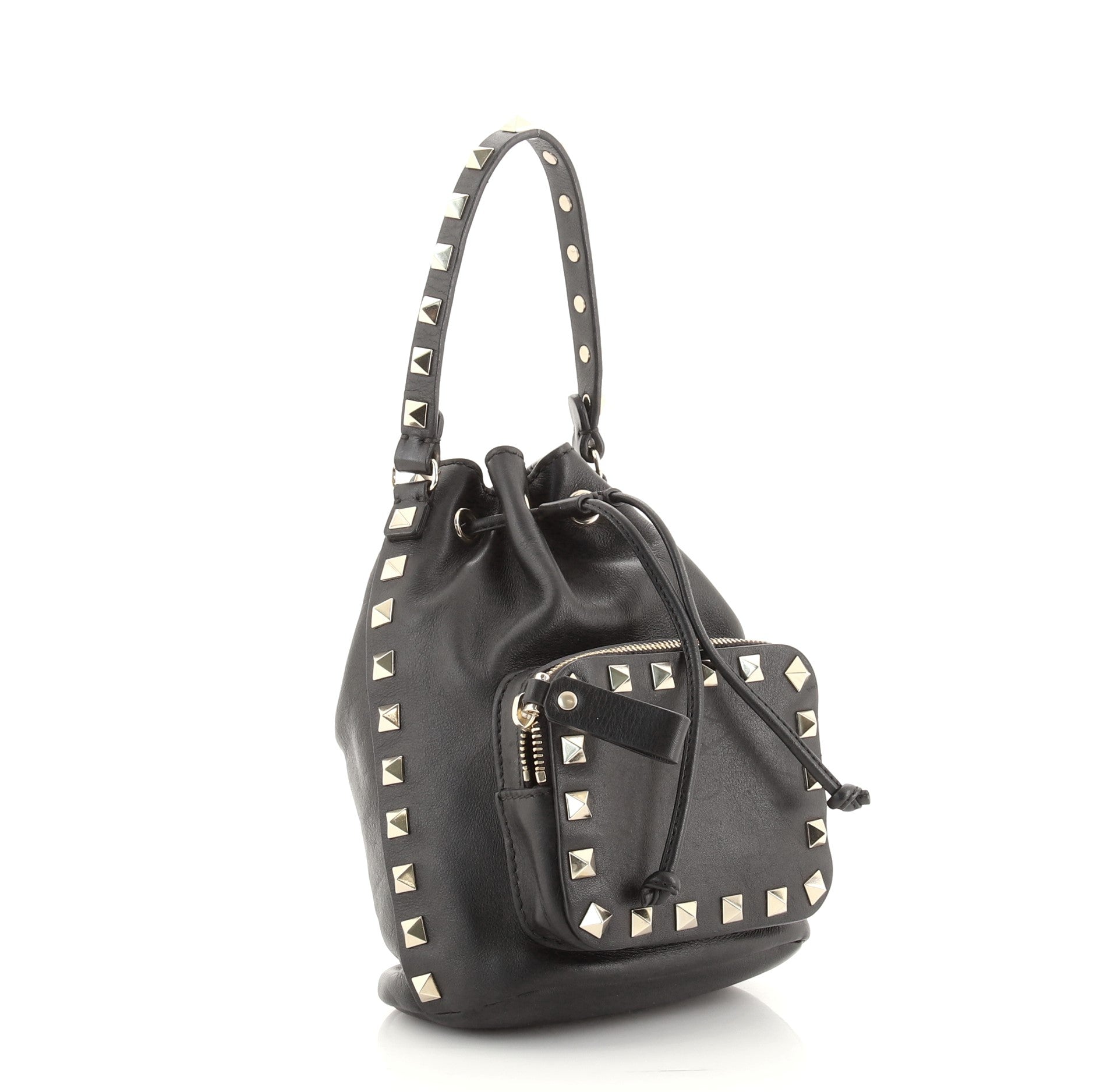 Rockstud Drawstring Bucket Bag Leather Mini