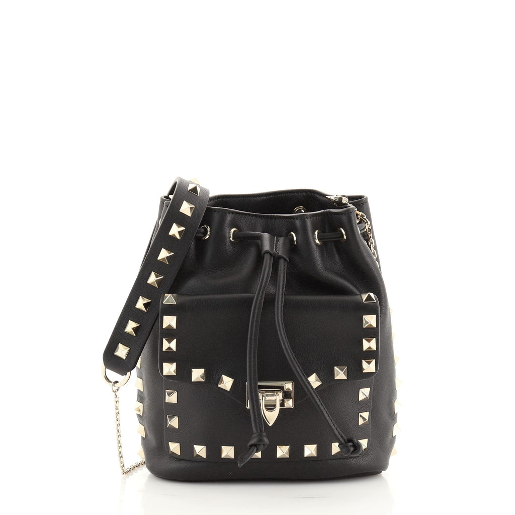 Rockstud Drawstring Bucket Bag Leather Mini