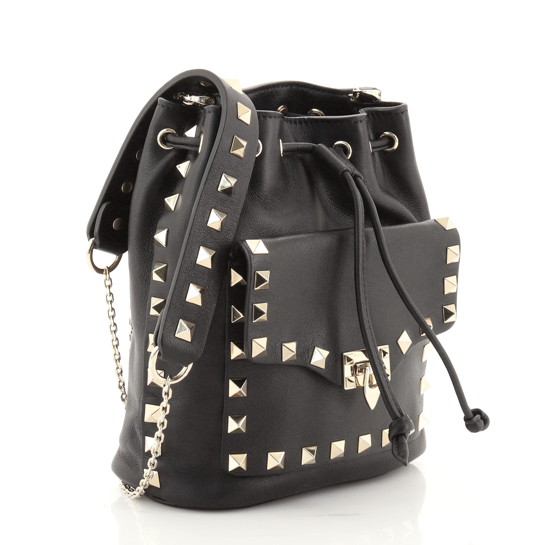 Rockstud Drawstring Bucket Bag Leather Mini