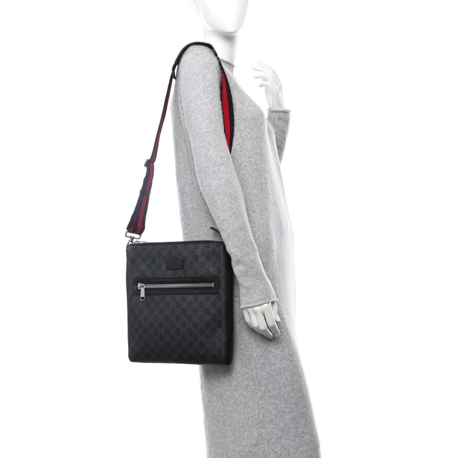 GG Supreme Monogram Appia Calfskin Web Flat Messenger Bag Black Grey