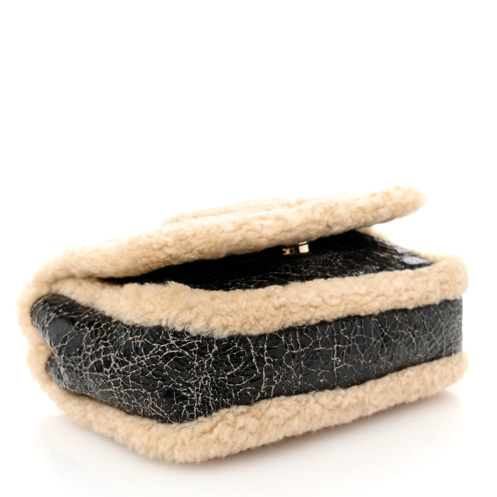 Shiny Crumpled Sheepskin Shearling CC Mania Flap Bag Black Beige