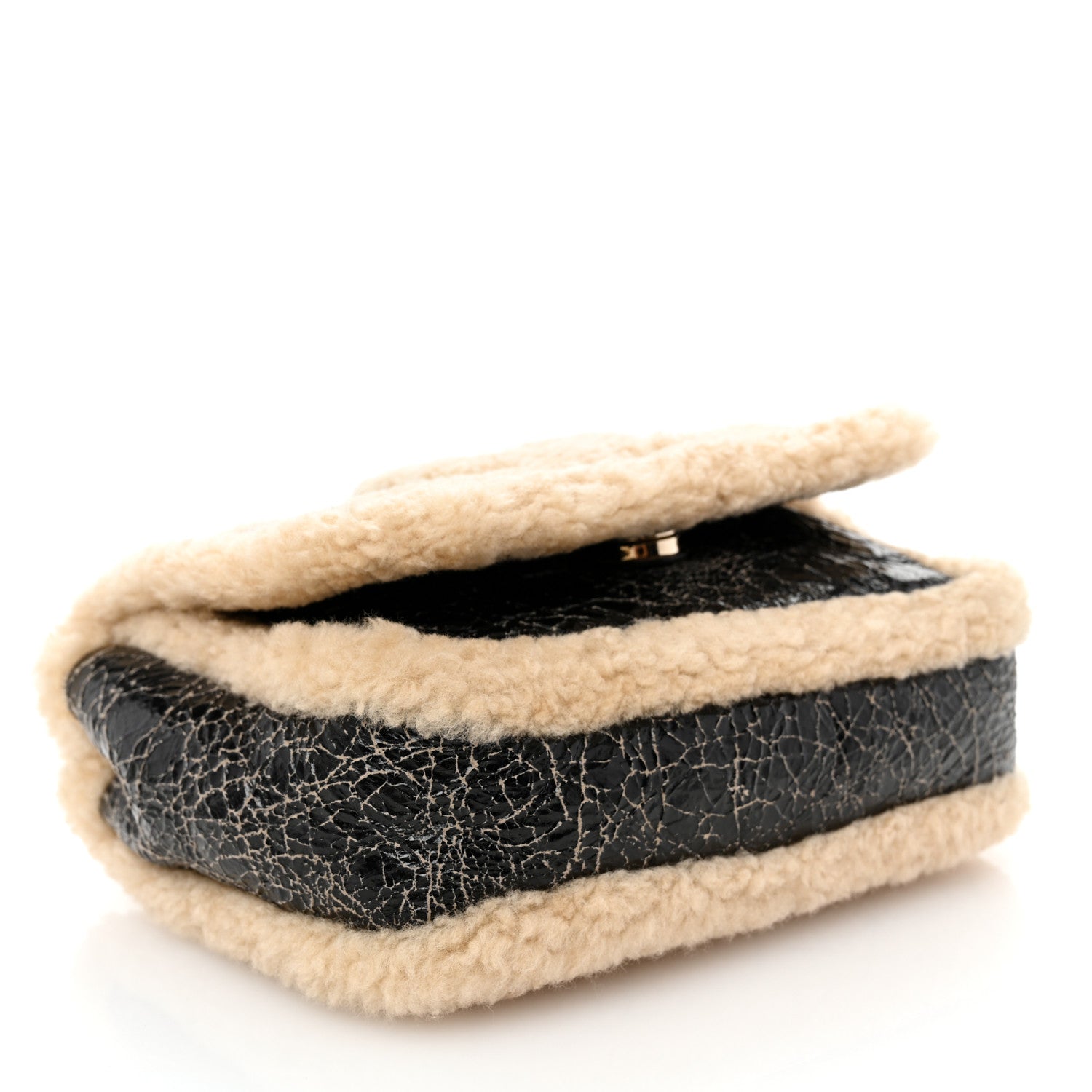 Shiny Crumpled Sheepskin Shearling CC Mania Flap Bag Black Beige