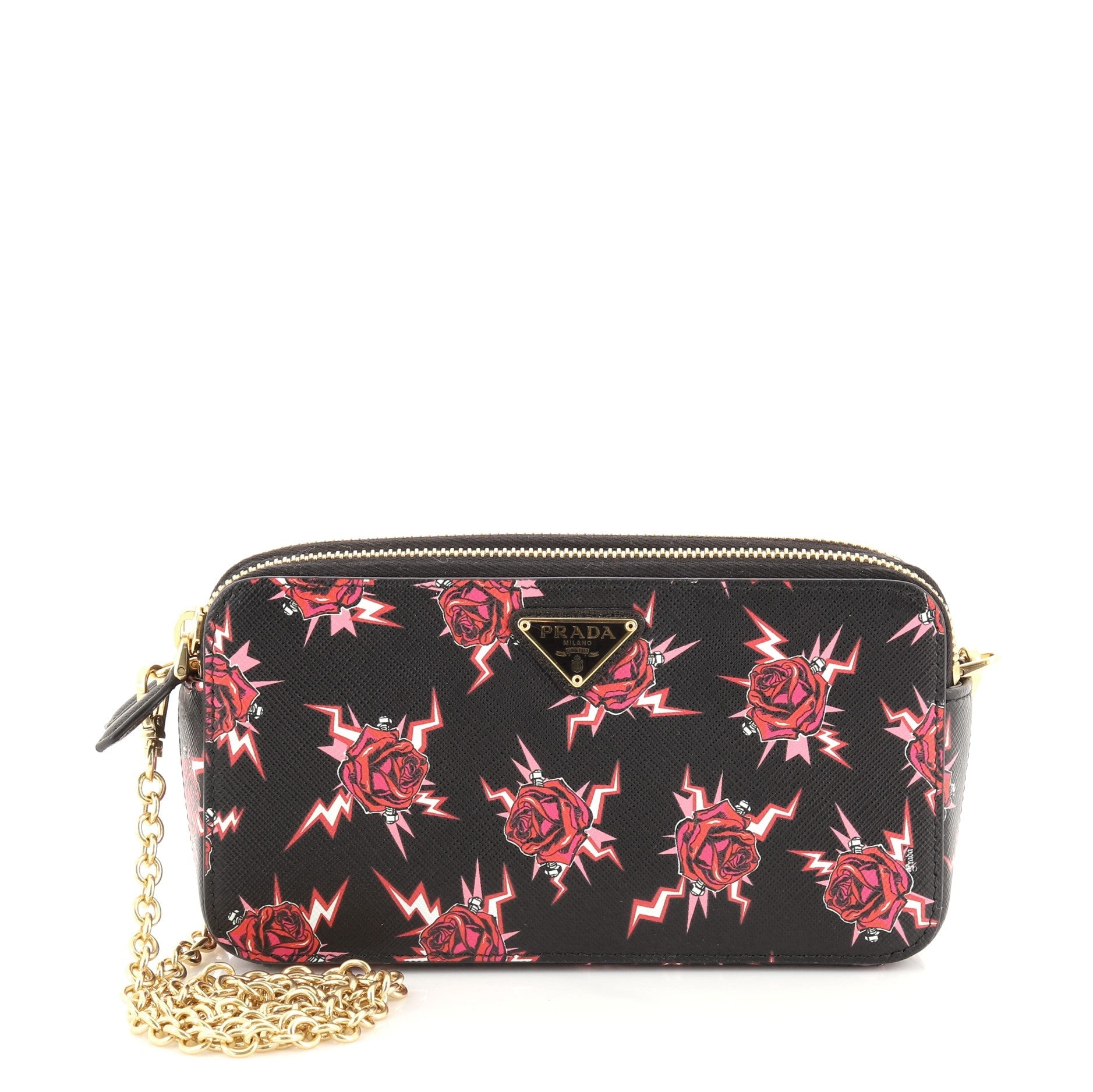 Double Zip Wallet on Chain Crossbody Printed Saffiano Leather Mini