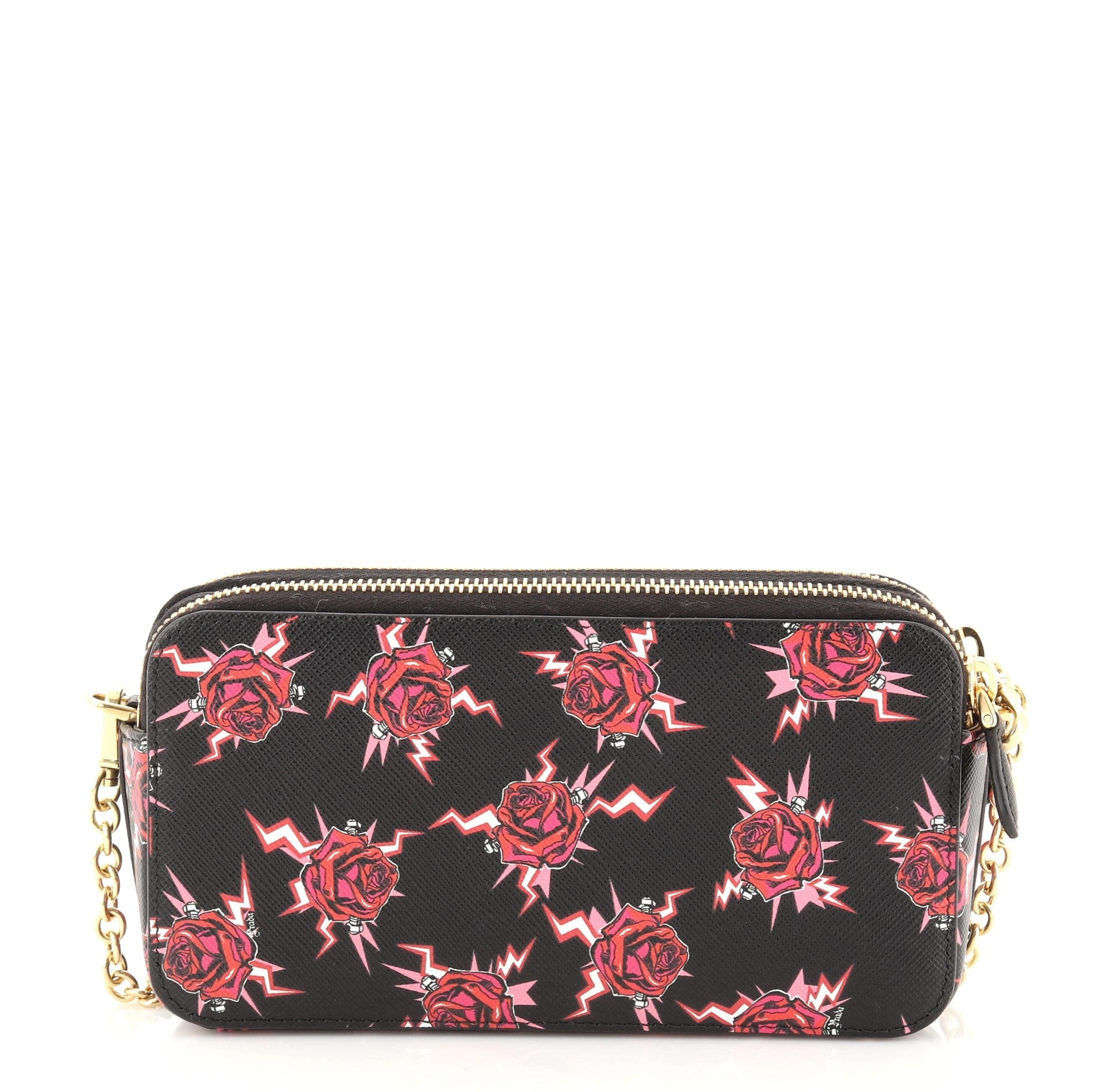 Double Zip Wallet on Chain Crossbody Printed Saffiano Leather Mini