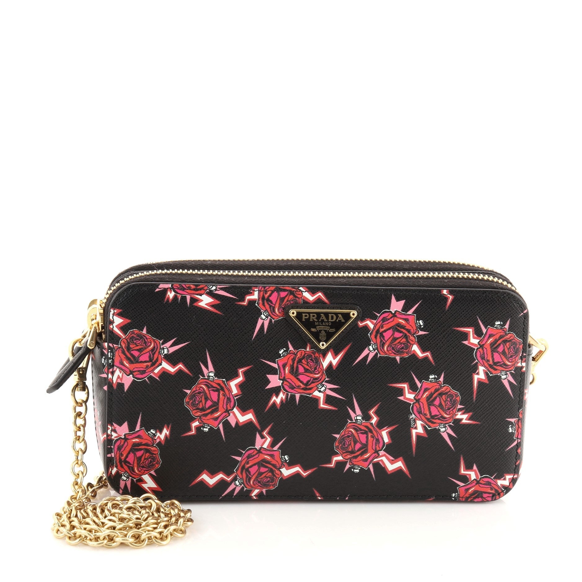 Double Zip Wallet on Chain Crossbody Printed Saffiano Leather Mini