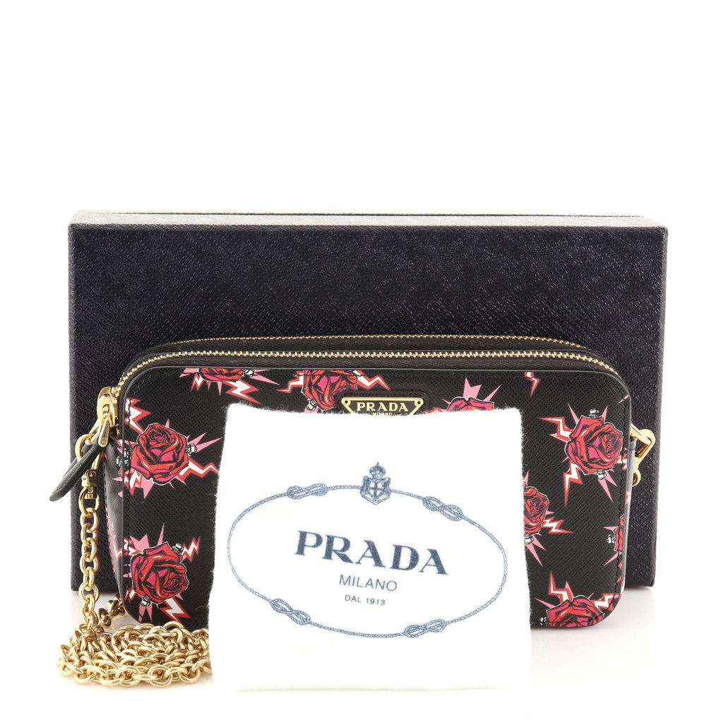 Double Zip Wallet on Chain Crossbody Printed Saffiano Leather Mini
