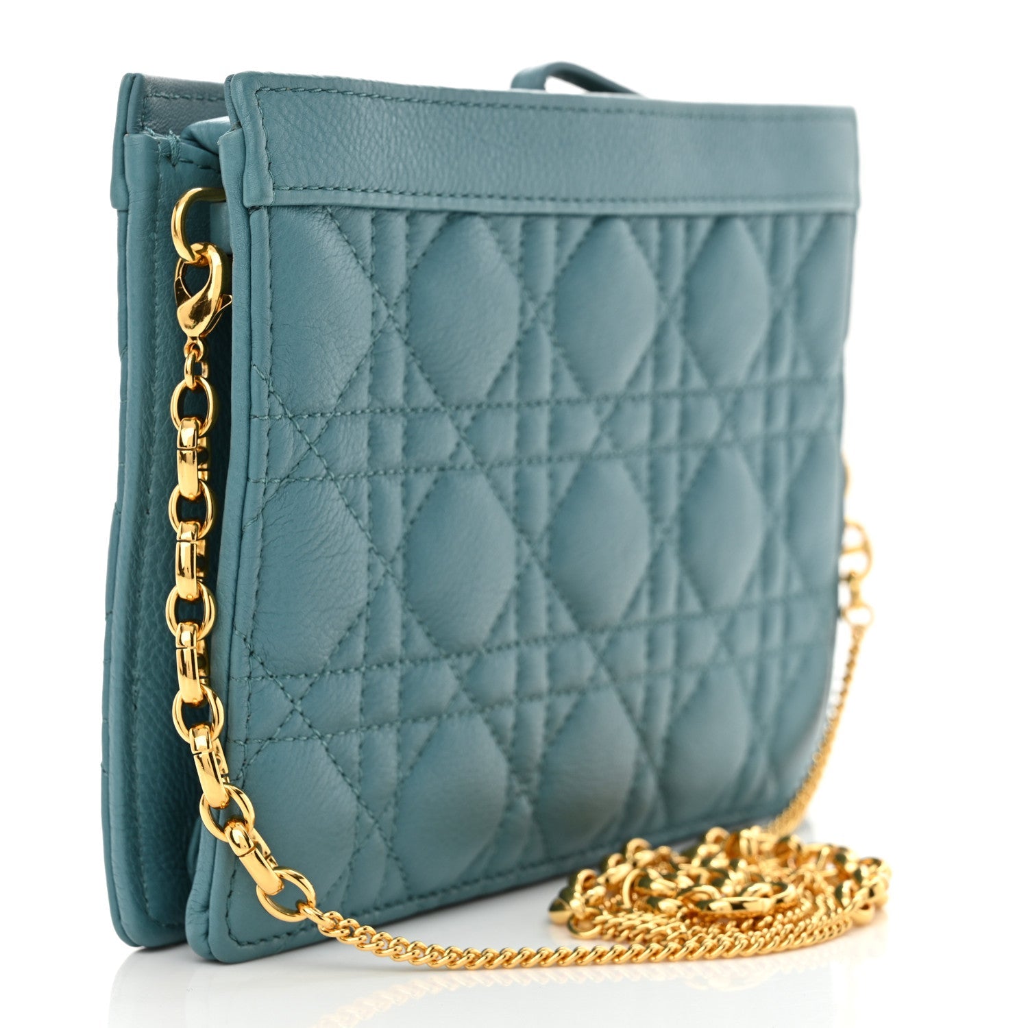 Calfskin Cannage Caro Zipped Pouch With Chain Cloud Blue