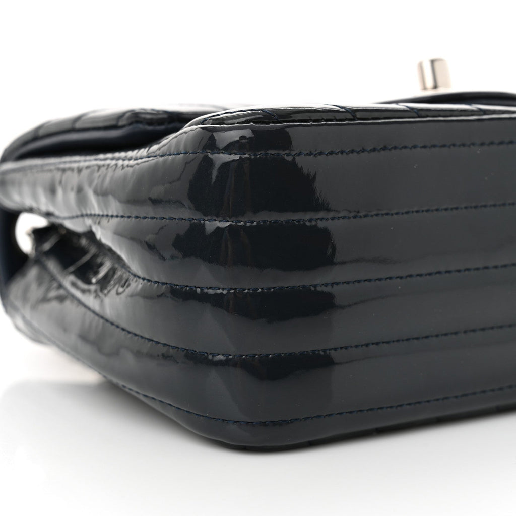 Patent Chevron Quilted Mini Square Flap Dark Blue