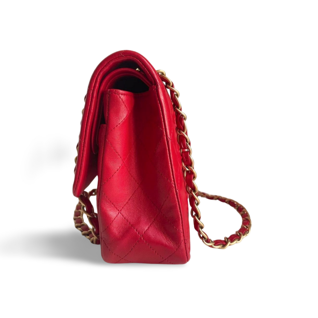 Chanel Red Classic Double Flap Bag in Medium Size Lambskin Leather With Gold Hardware