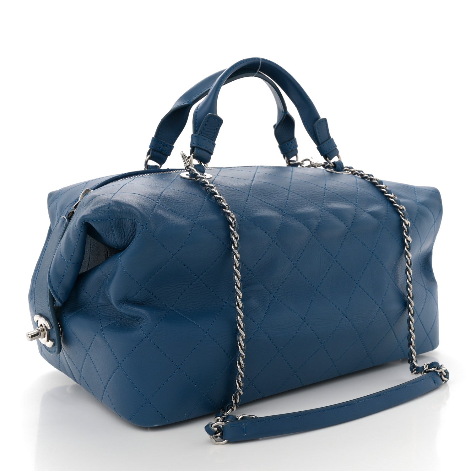 Calfskin Stitched Large Bowling Bag Blue