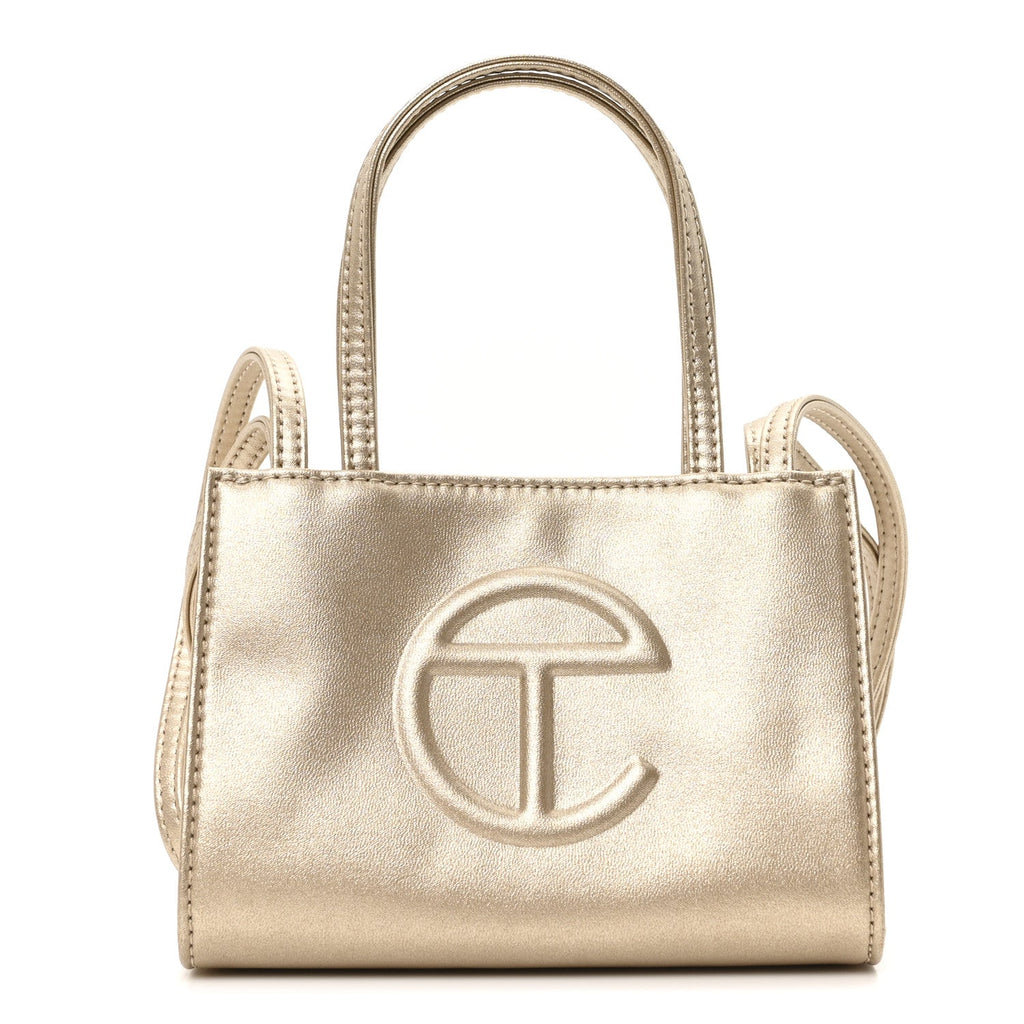 Metallic Vegan Leather Small Shopping Bag Gold