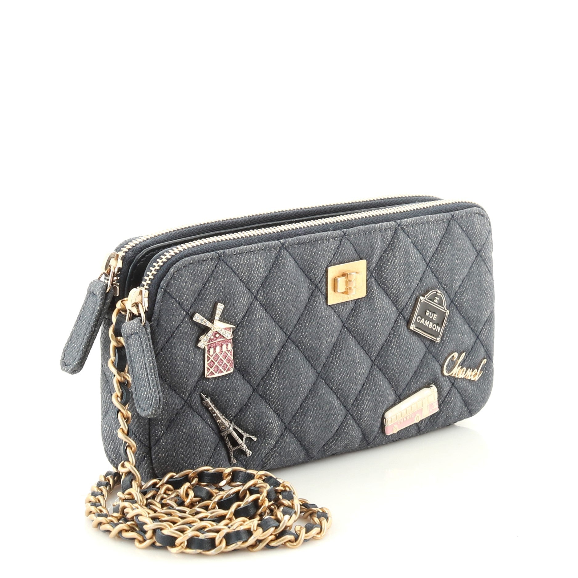 Lucky Charms Reissue 2.55 Double Zip Clutch With Chain Quilted Denim