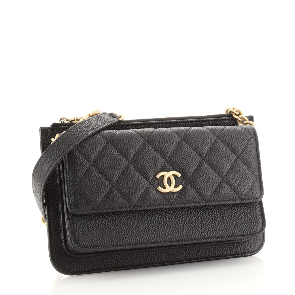 CC Front Pocket Clutch with Chain Quilted Caviar Small