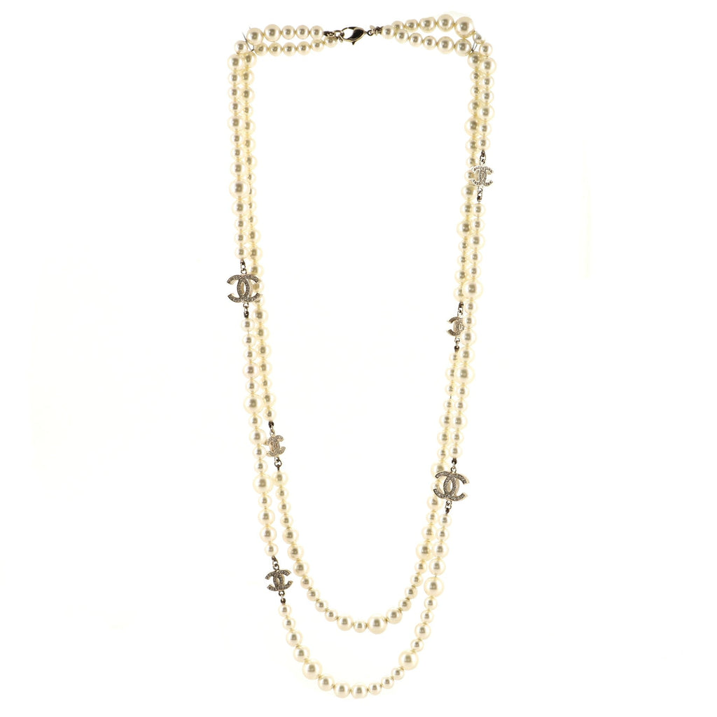 CC Long Necklace Faux Pearls and Crystal Embellished Metal