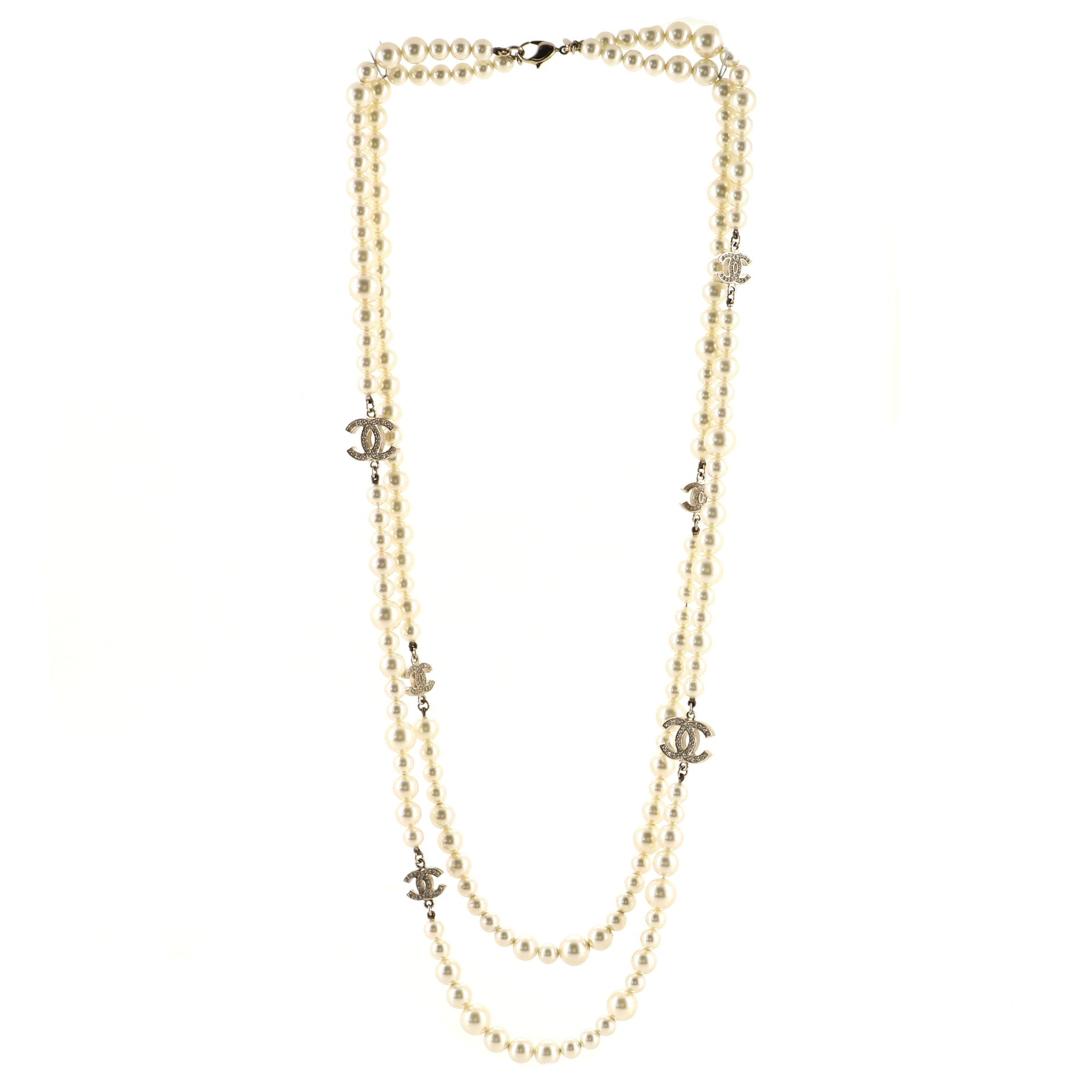 CC Long Necklace Faux Pearls and Crystal Embellished Metal