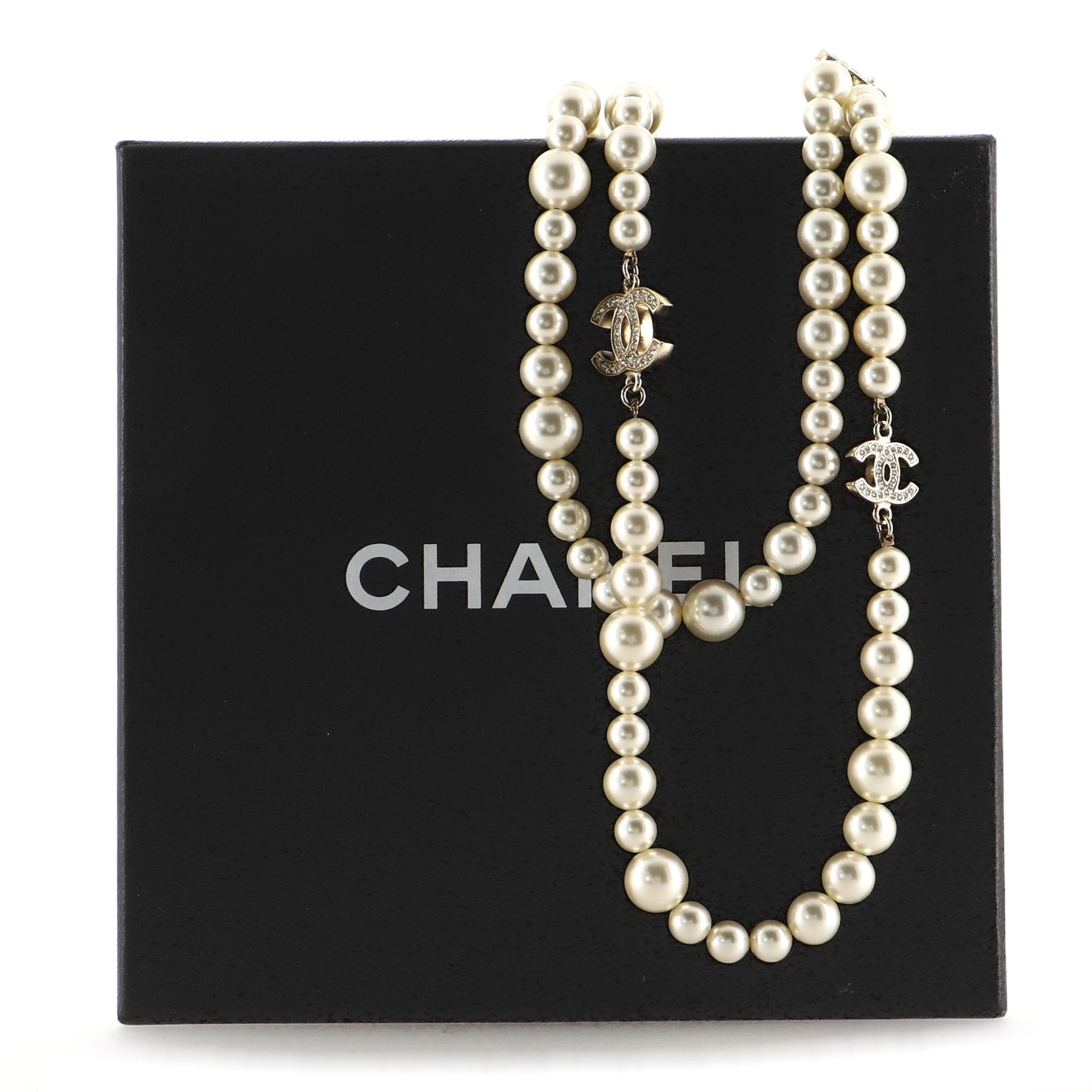 CC Long Necklace Faux Pearls and Crystal Embellished Metal