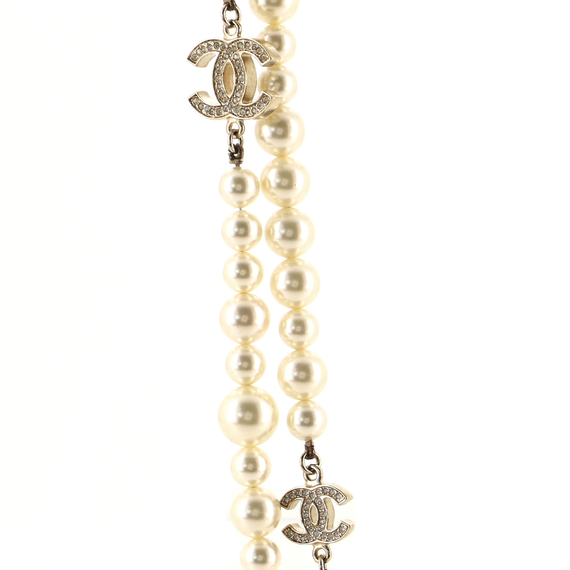 CC Long Necklace Faux Pearls and Crystal Embellished Metal