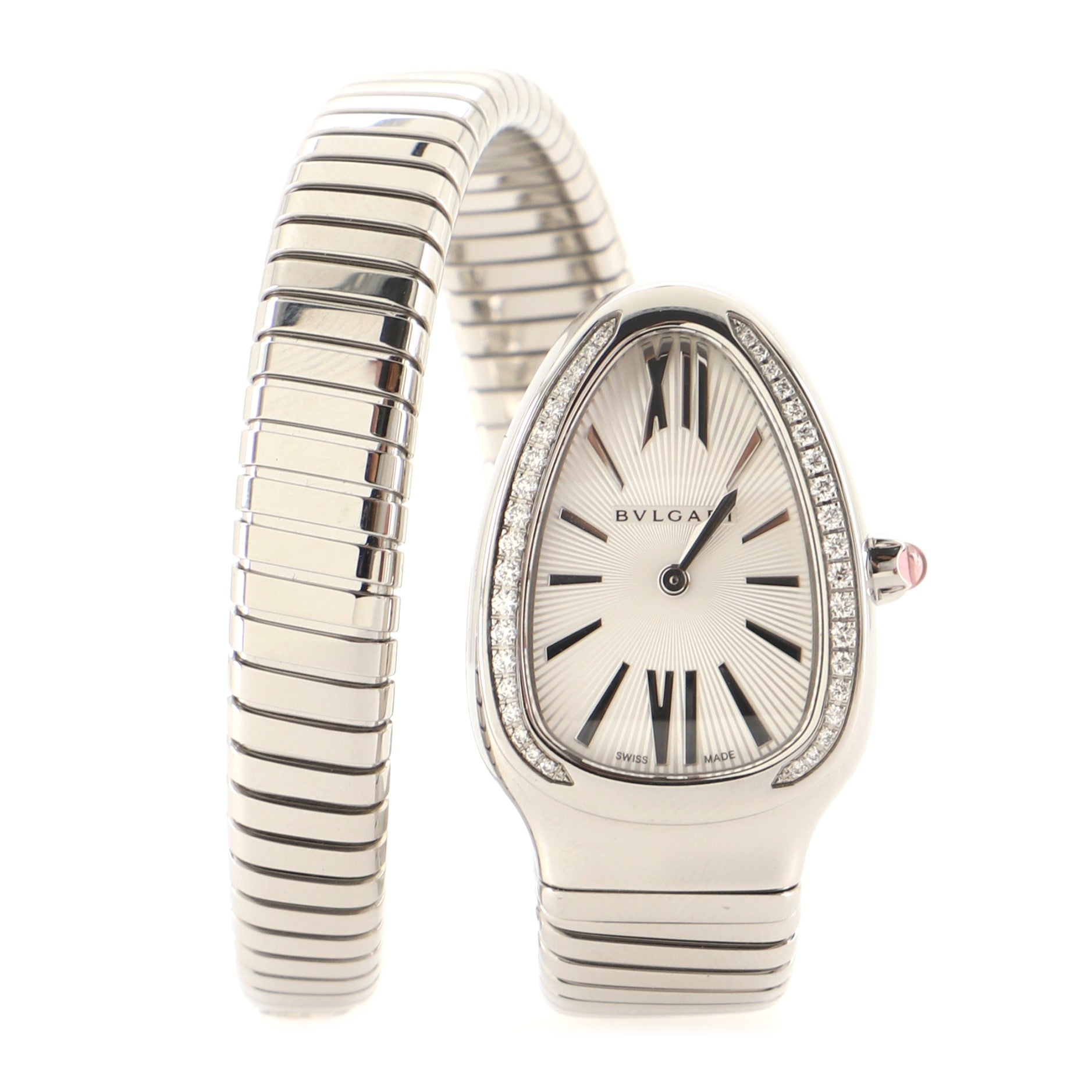Serpenti Tubogas Single Spiral Quartz Watch Stainless Steel with Diamond Bezel 23