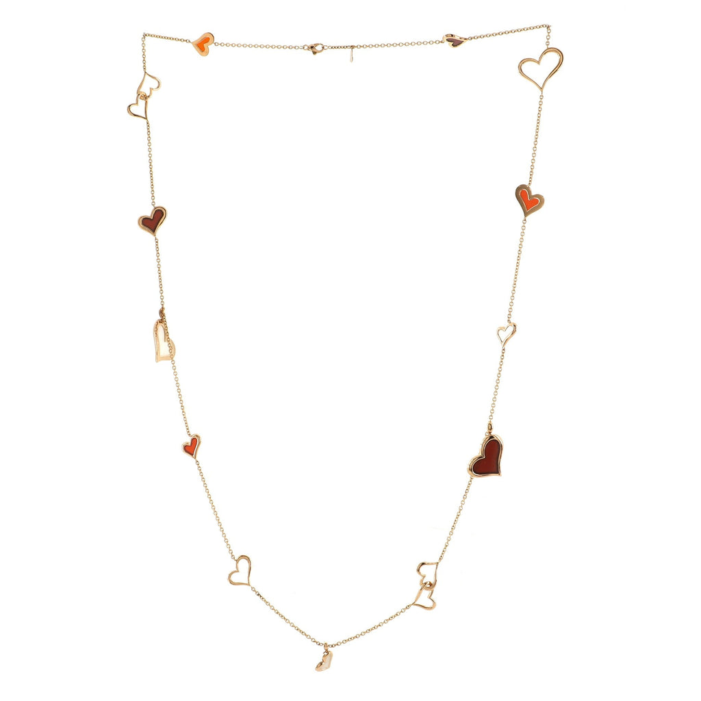 Heart Long Necklace 18K Yellow Gold with Carnelian, Chalcedony and Mother of Pearl
