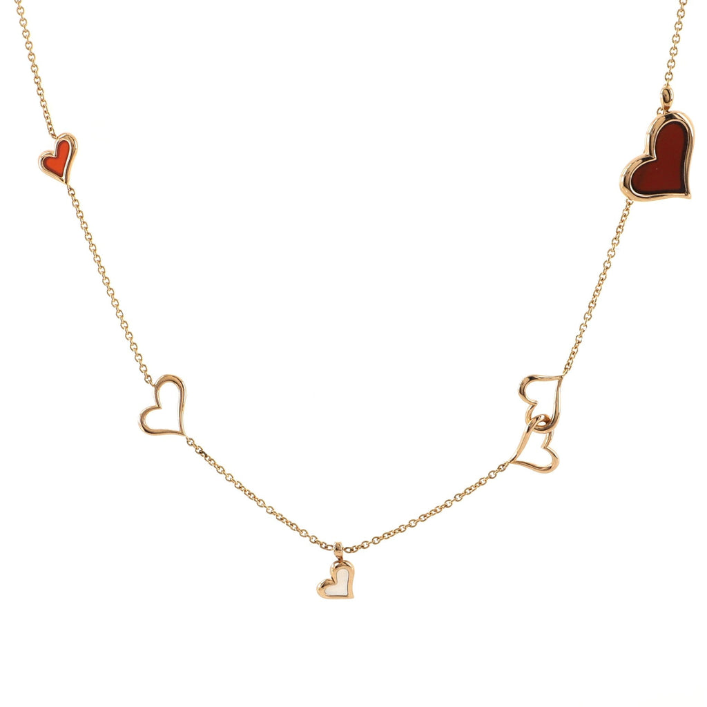 Heart Long Necklace 18K Yellow Gold with Carnelian, Chalcedony and Mother of Pearl