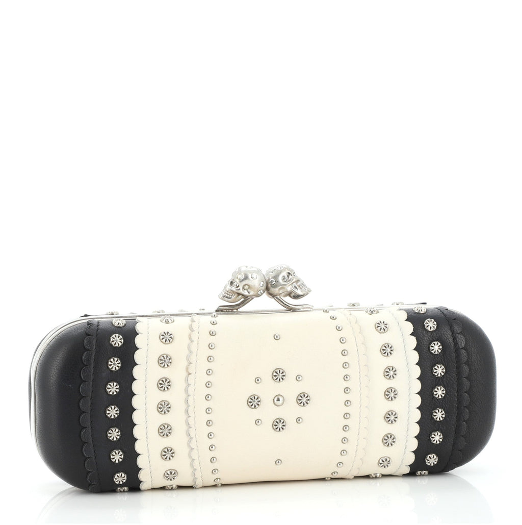 Twin Skull Box Clutch Embellished Leather Long